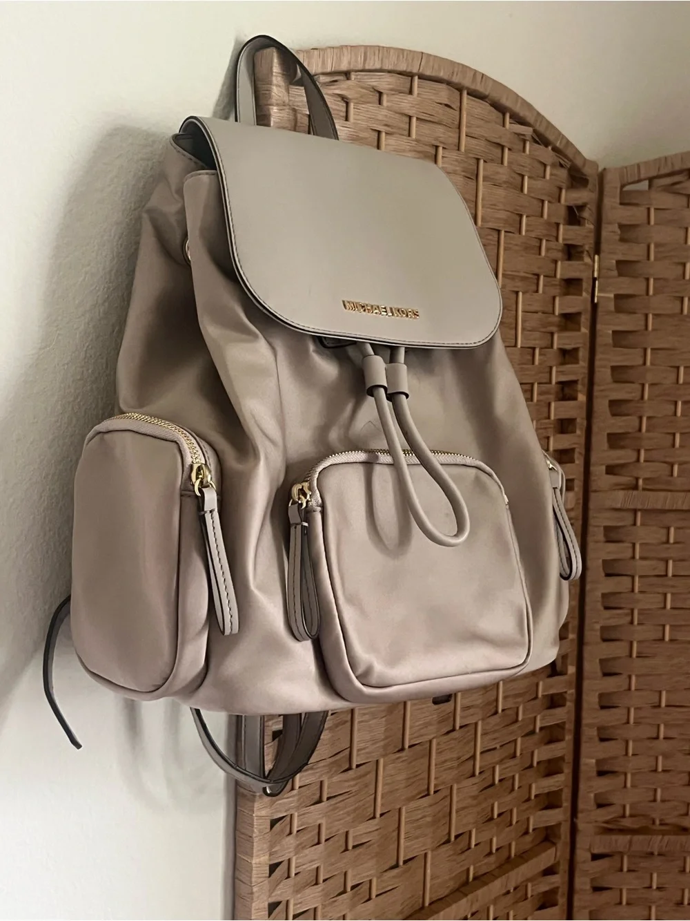 Michael Kors Taupe Nylon Drawstring Flap Backpack